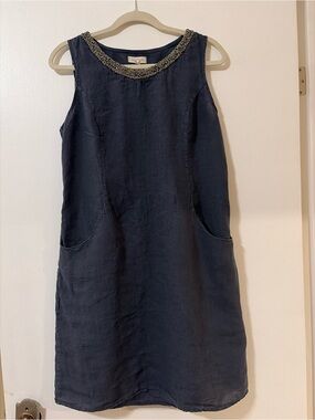 Lina Tomei Beaded-Trim Navy Sleeveless Mini Dress Linen Size M